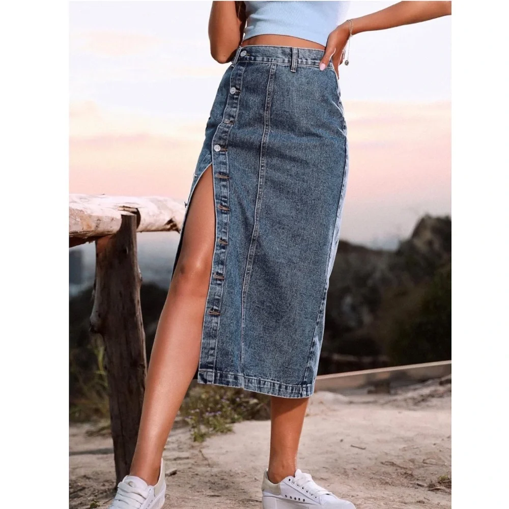 Women's Casual High Waisted Solid Button Up Blue Denim Jean Midi Skirt
